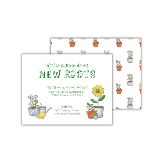 a card with a picture of a potted plant and a watering can