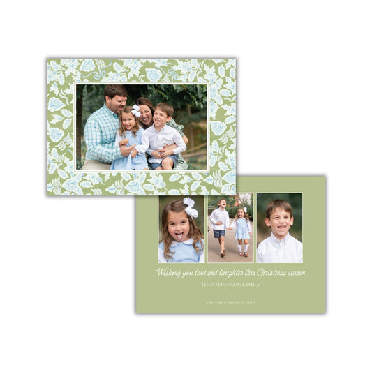 A family portrait collage with a green floral frame and a green card with a family photo and a message.