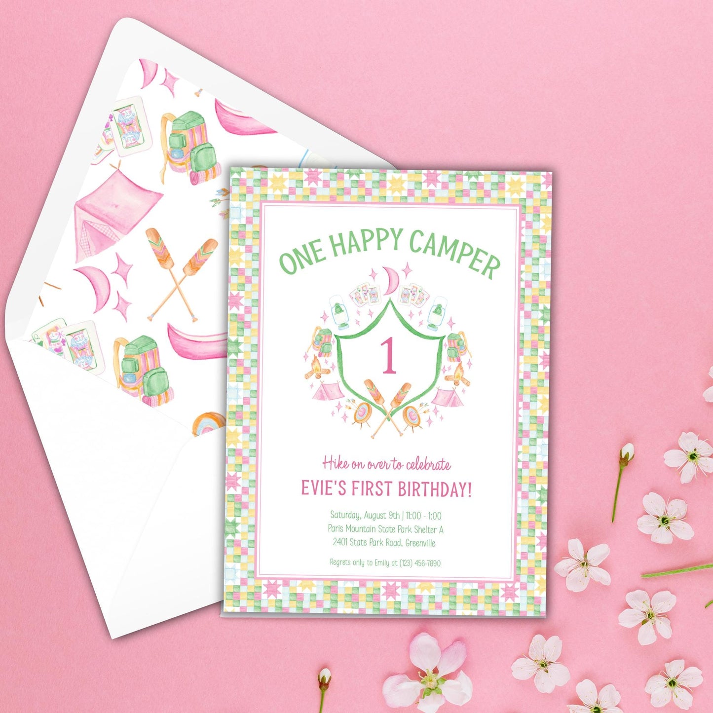 a pink birthday card with a picture of a camper