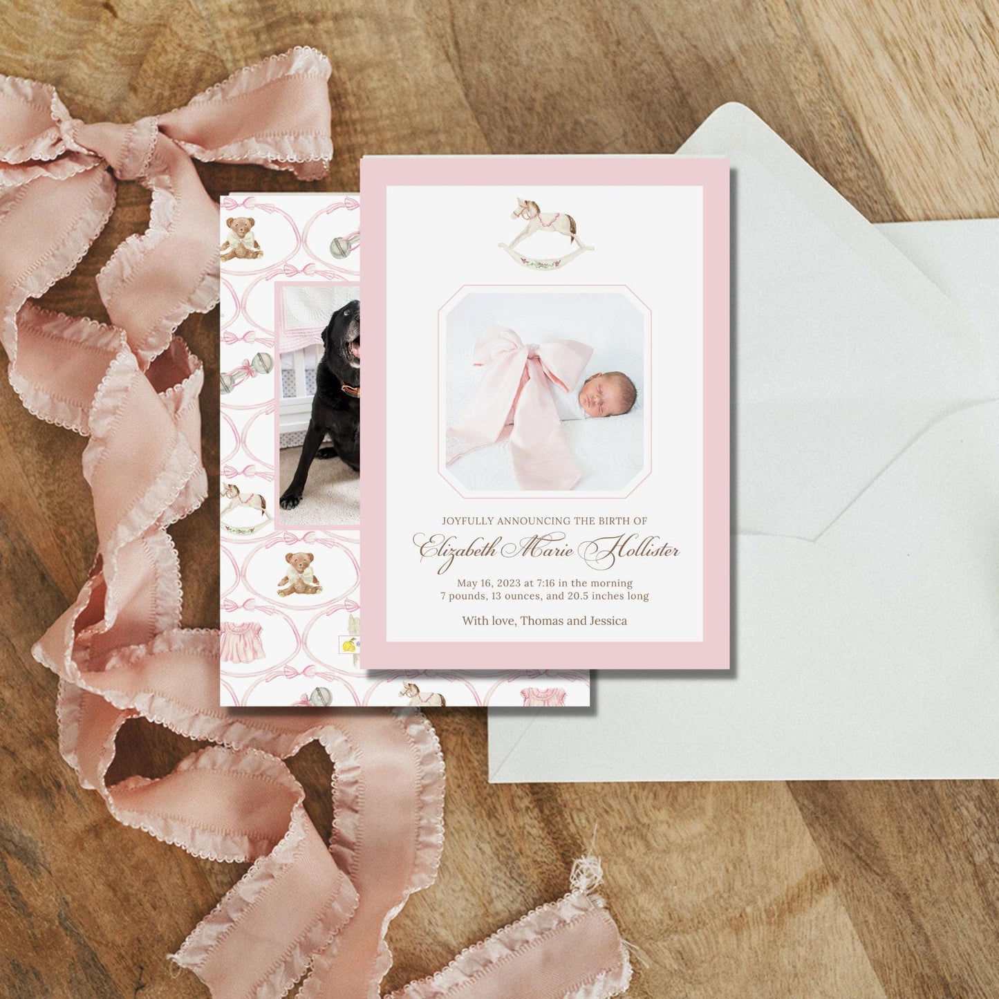 Rocking Horse Birth Announcement - Pink