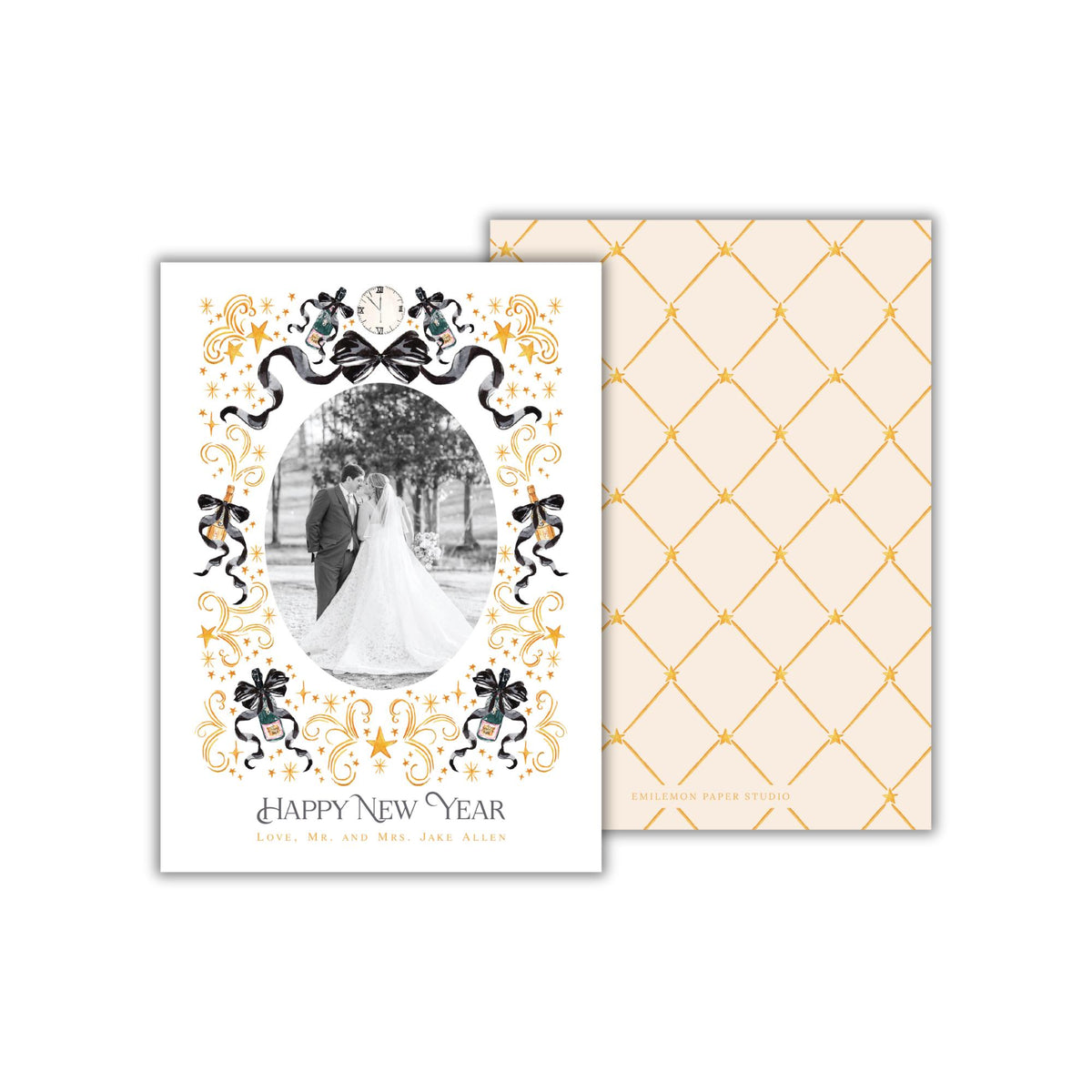 A wedding invitation card with a bride and groom photo in the center, surrounded by decorative elements and text.