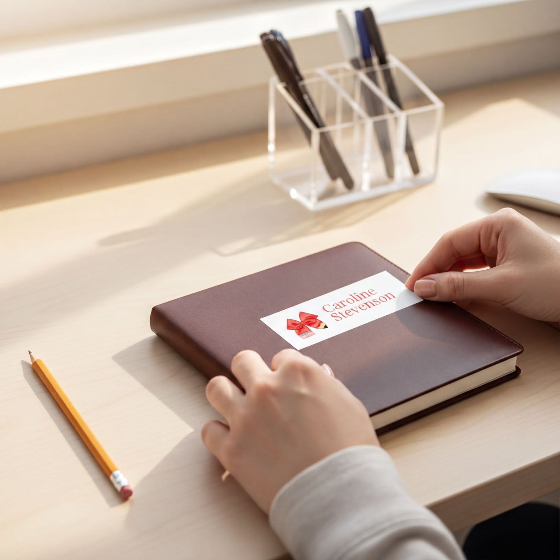 A person's hands are placing a sticker on a brown notebook with the name "Caroline Stavton" printed on it, sitting on a wooden desk with a pencil and a pen holder in the background.
