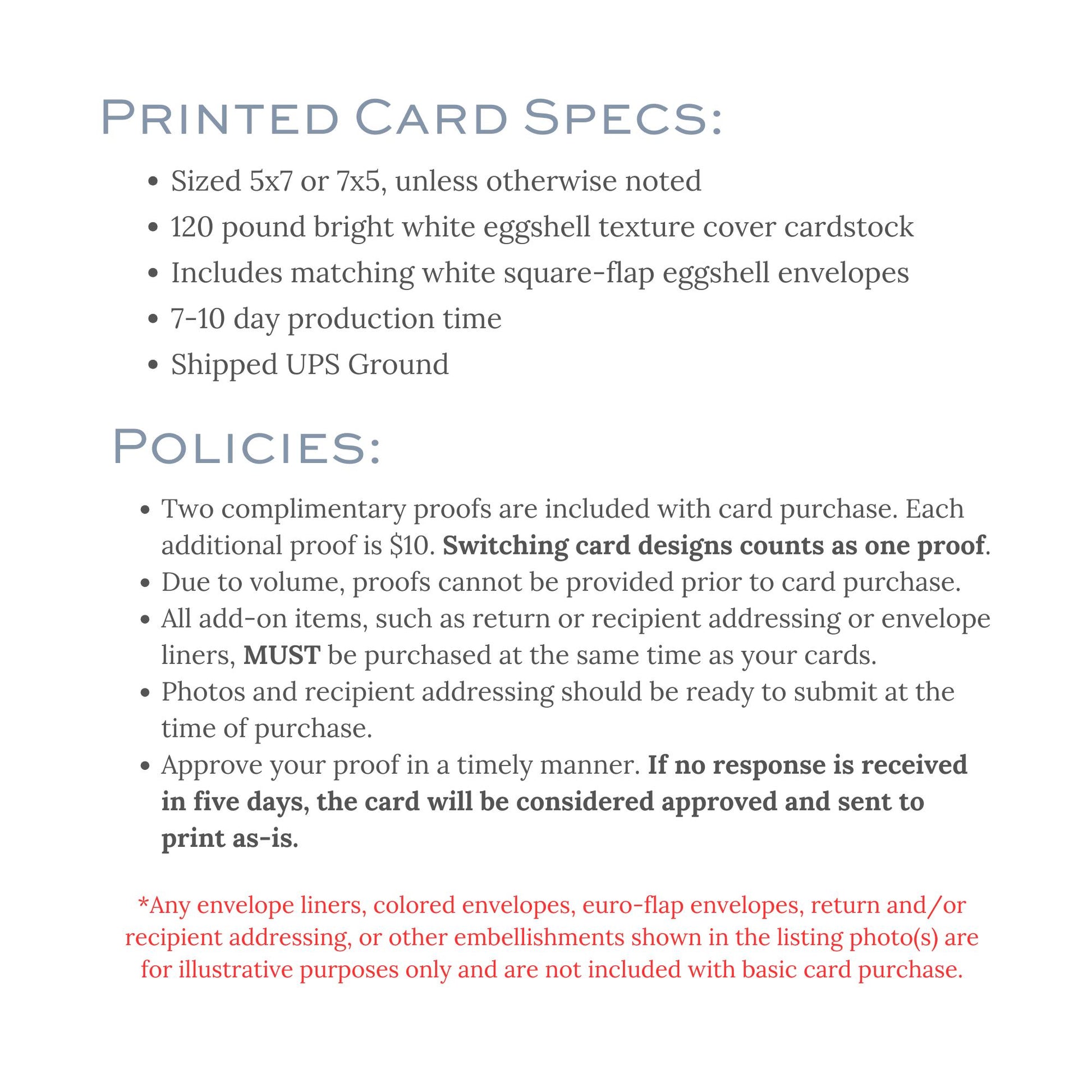 The image is a printed card specifications document that provides details about the size, weight, and other specifications of a printed card.