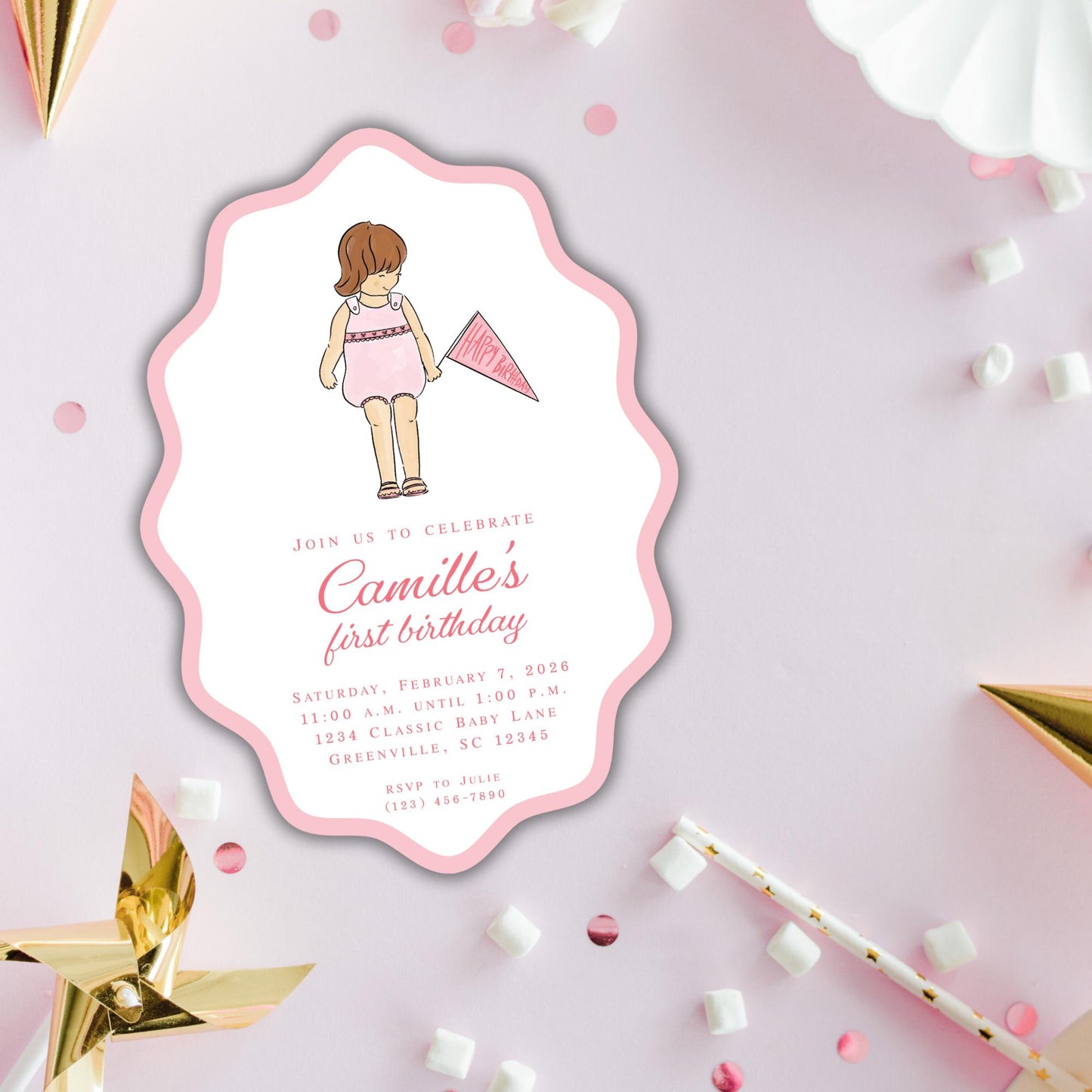 The image is a birthday invitation for a girl named Camille's first birthday. It features a pink and white design with a cartoon illustration of a young girl, and the invitation details the date, time, location, and RSVP information.