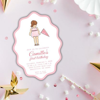 The image is a birthday invitation for a girl named Camille's first birthday. It features a pink and white design with a cartoon illustration of a young girl, and the invitation details the date, time, location, and RSVP information.