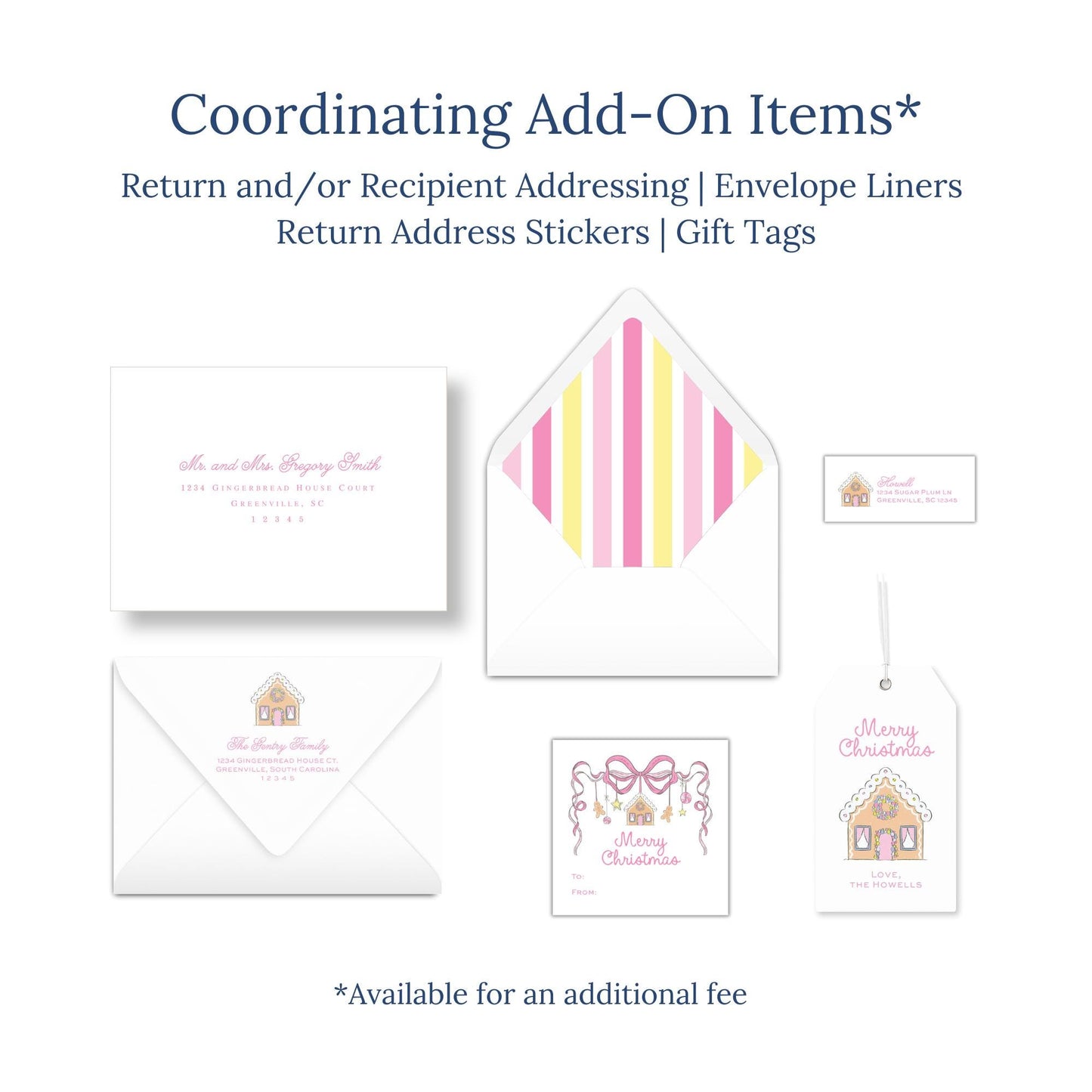 various items related to holiday-themed items, including envelopes, return address stickers, and gift tags.