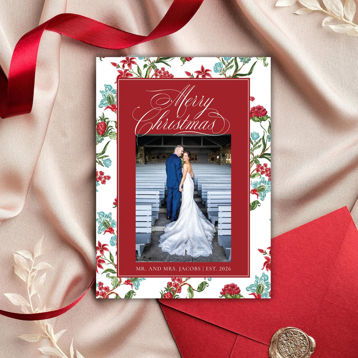 PRINTED Red and Teal Floral Christmas Photo Cards