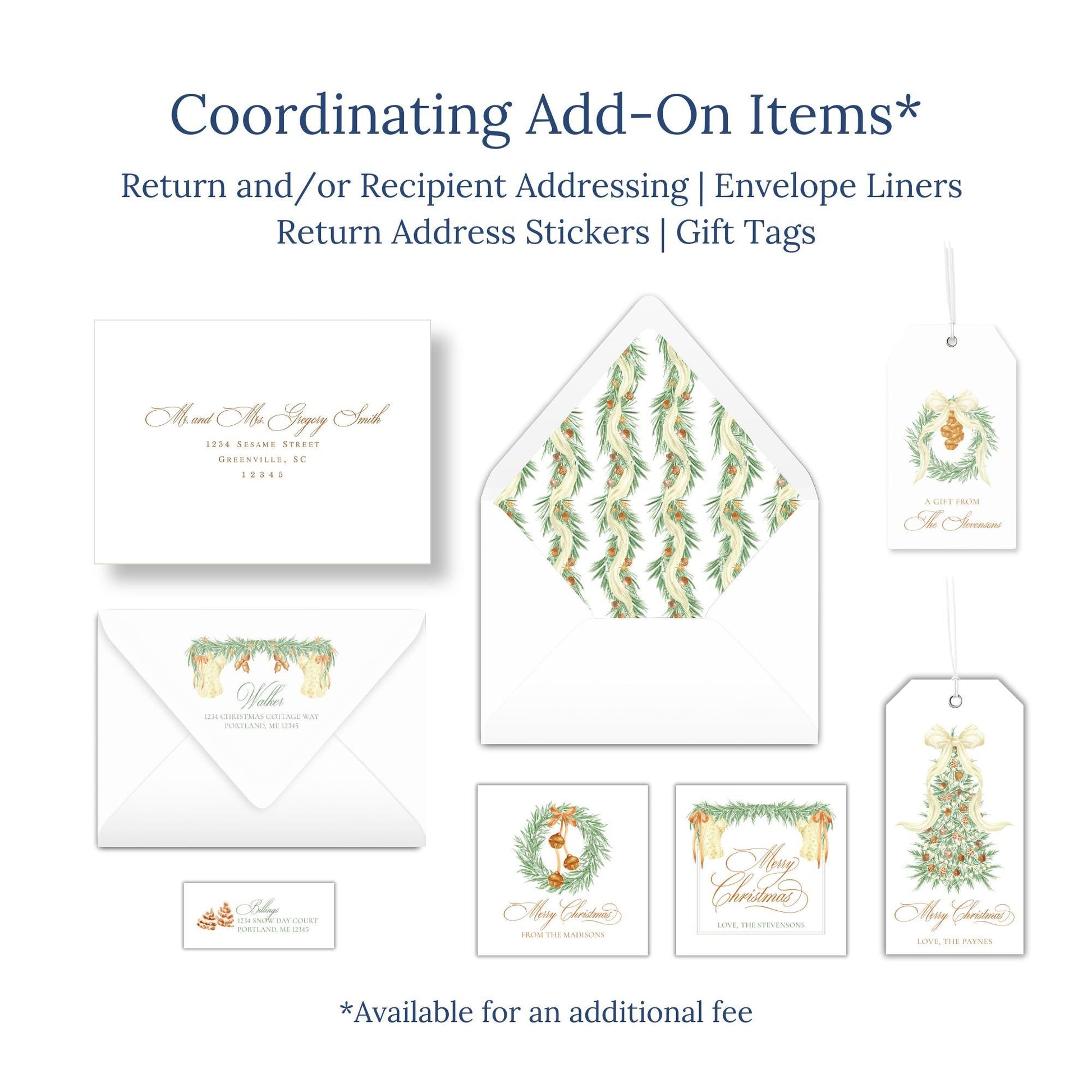 various items related to holiday-themed items, including envelopes, return address stickers, and gift tags.