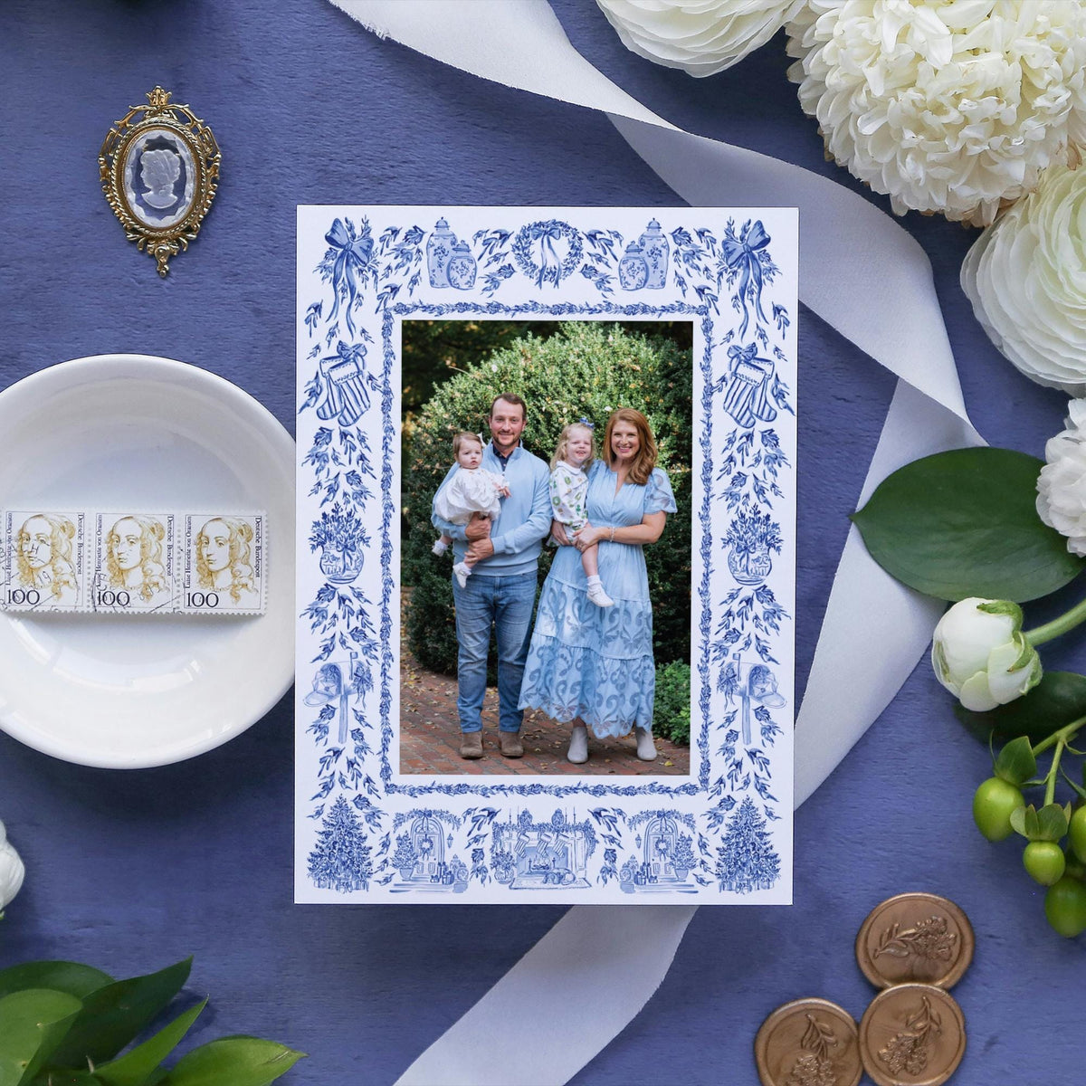 Blue Toile Christmas Card