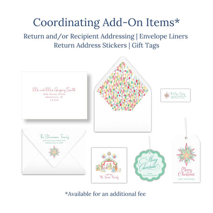 various items related to holiday and gift-giving, including envelopes, return address stickers, and gift tags.