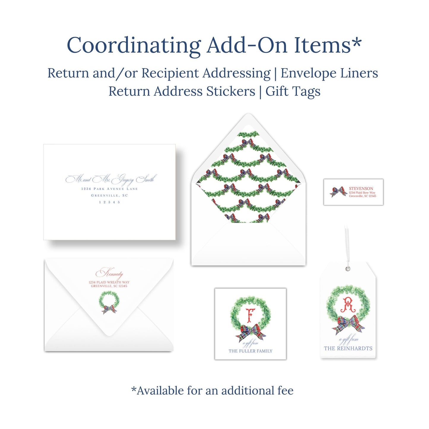 The image is a collection of items related to holiday celebrations, including an envelope, return address stickers, and gift tags.
