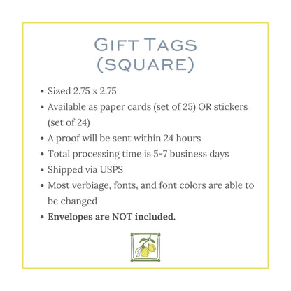 The image is a square-shaped gift tag with text and a graphic. The text provides information about the gift tags, including their size, availability as paper cards, a proof sent within 24 hours, the total processing time, and their shipping method. The graphic features a stylized image of a lemon.