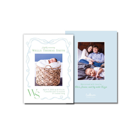 Bow Monogram Birth Announcement - Blue