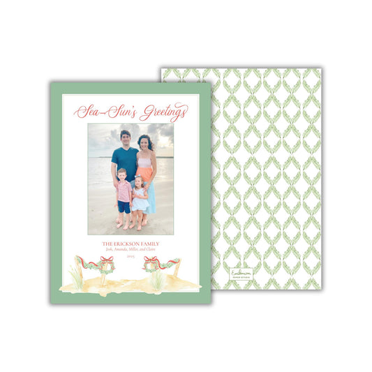 A family portrait of a man, woman, and two children, with the text &quot;Sea-Sun&#39;s Greetings&quot; and &quot;THE ERICKSON FAMILY&quot; printed on the image.