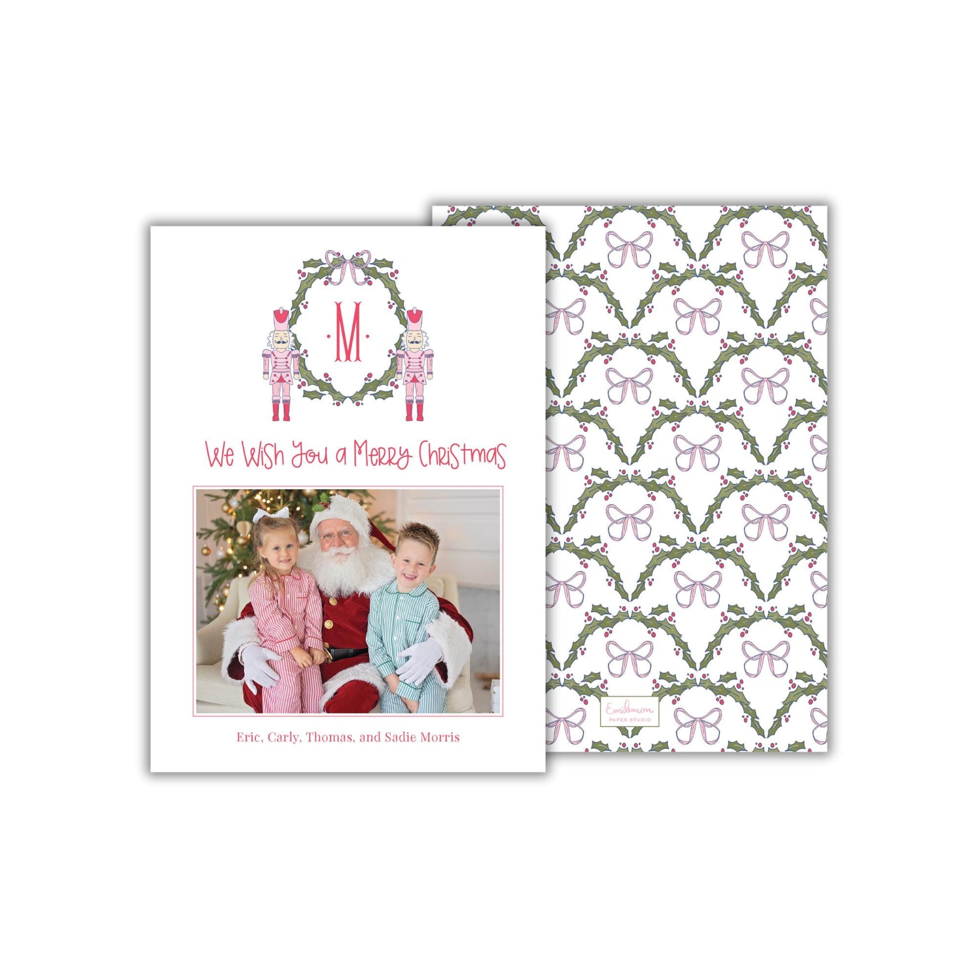A Christmas card featuring a photo of a family with Santa Claus, and a repeating pattern of holly leaves and butterflies on the background.