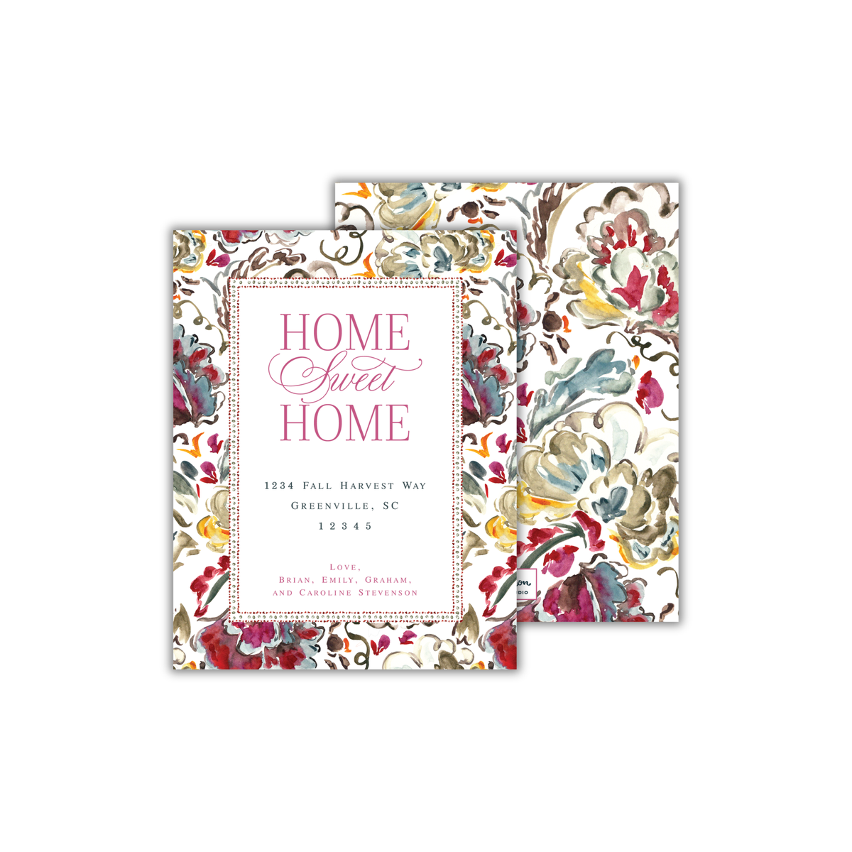 A 4.25 x 5.5 inch A2 sized flat moving announcement card featuring a hand-painted watercolor frame of autumn harvest florals, in shades of magenta, red, gold, slate blue, and cream. The words "Home Sweet Home" are written at the top in a magenta font, with the new address in slate blue, and the family's names at the bottom in magenta. The back of the card features the same floral pattern as the front border. Bold, jewel-toned colors and luxurious paper, an elegant, classy change of address card.
