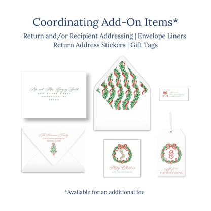 various items related to holiday-themed coordination, including an envelope, return address stickers, and gift tags.