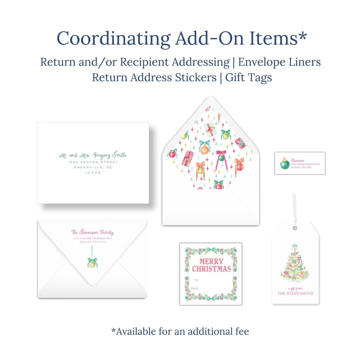 various items related to holiday and gift-giving, including envelopes, return address stickers, and gift tags.