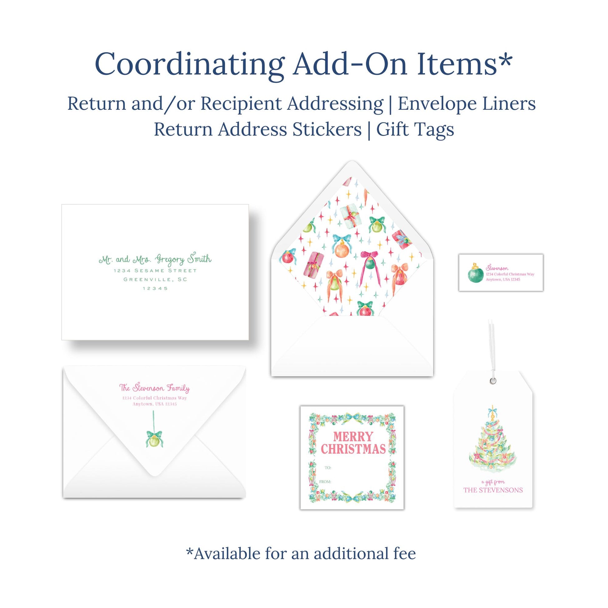 various items related to holiday and gift-giving, including envelopes, return address stickers, and gift tags.