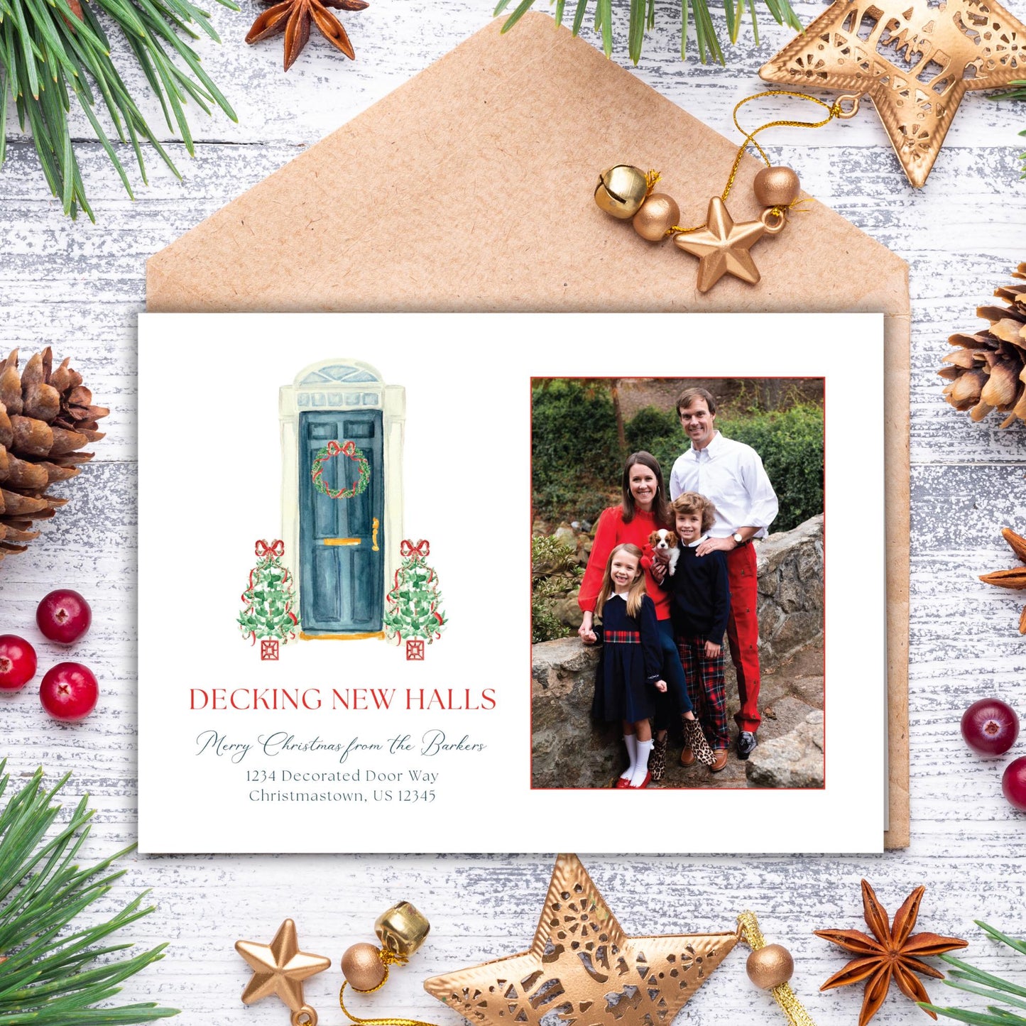 A holiday-themed greeting card with a family photo and Christmas decorations surrounding it.