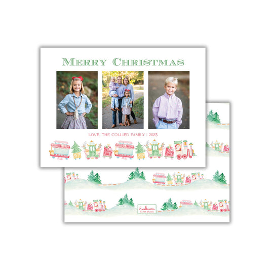 The image is a Christmas card featuring a collage of three photos of a family, along with a border of Christmas-themed illustrations.