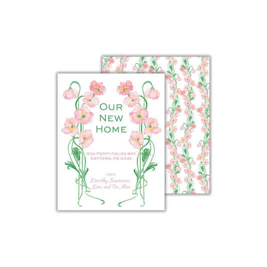 a card with pink flowers and green leaves