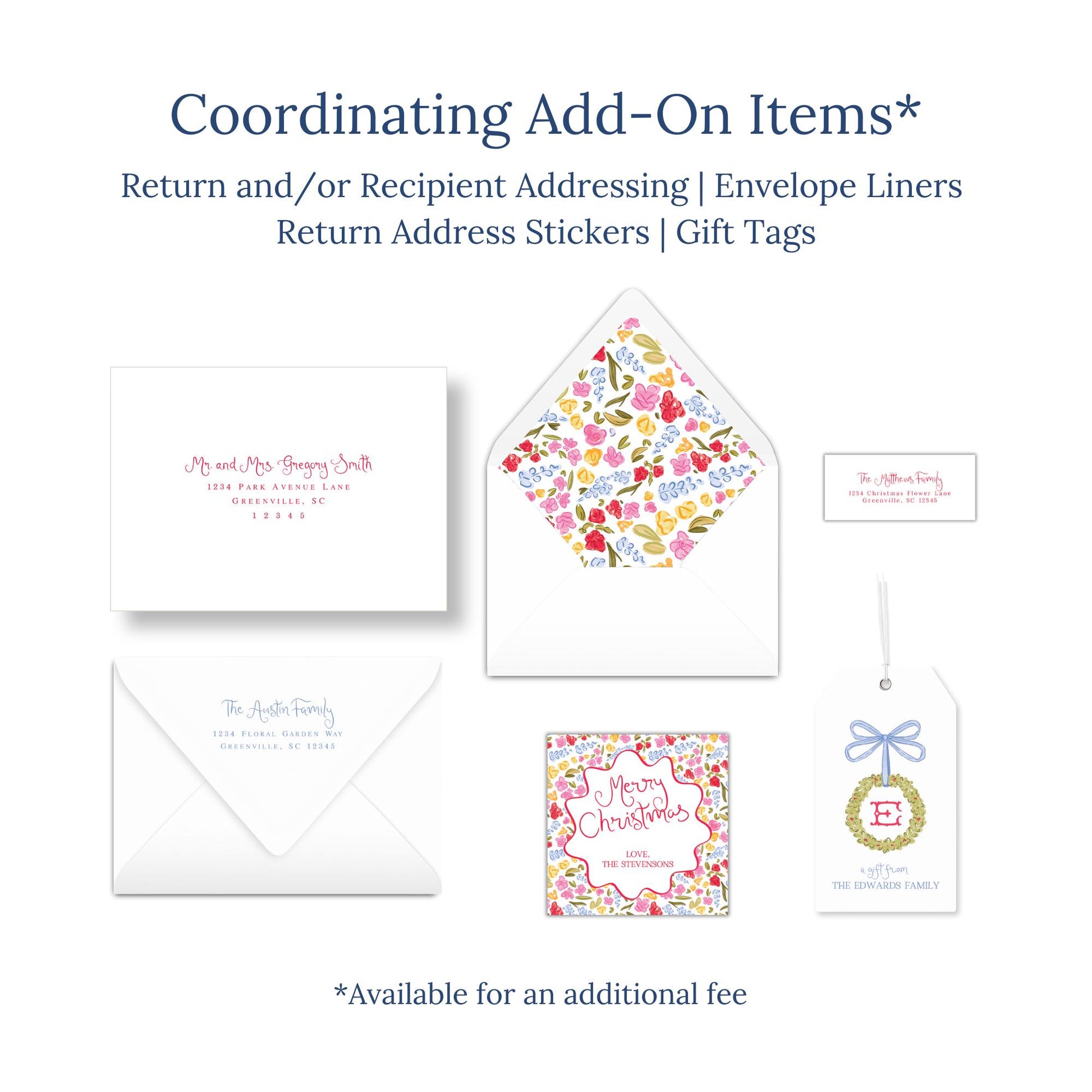 various items related to coordinating add-ons for envelopes and gift tags, including an envelope, a return address sticker, a gift tag, and a card.
