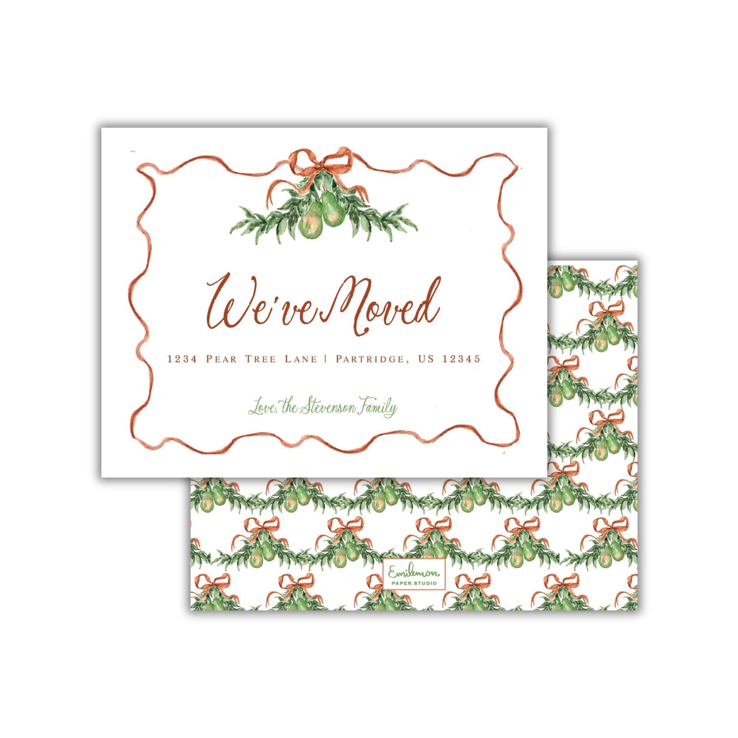The image is a white envelope with a festive holiday-themed design, featuring a wreath of greenery and red ribbons. The text on the envelope reads &quot;We&#39;ve moved&quot; and includes the address &quot;1234 Pear Tree Lane / Portridge, US 12345&quot;.
