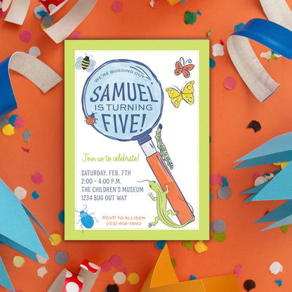 The image is a birthday invitation for a child named Samuel, who is turning five years old. The invitation features colorful illustrations of insects and a magnifying glass, along with text inviting guests to celebrate Samuel's birthday at The Children's Museum.
