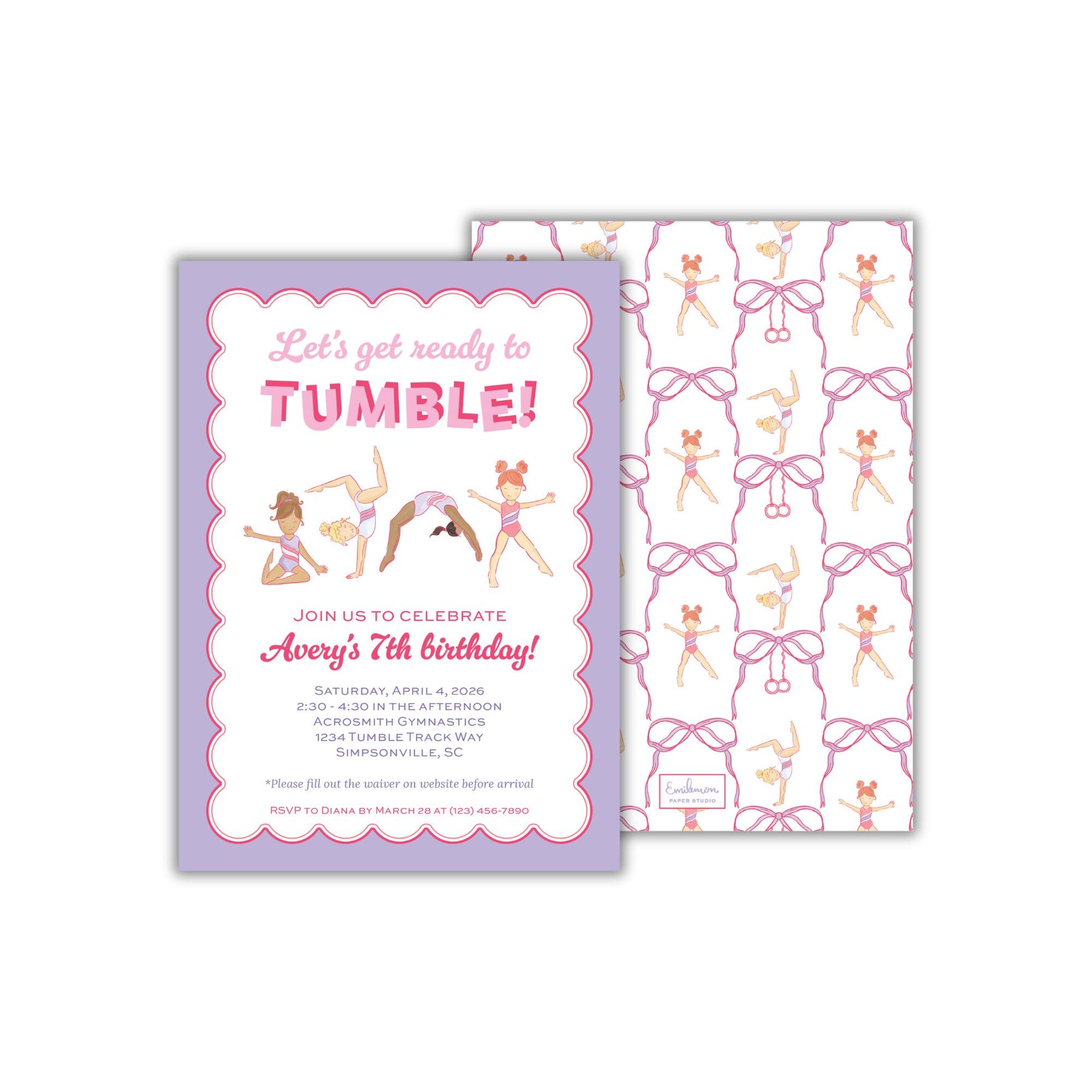 The image is a birthday invitation for a girl named Avery's 7th birthday, featuring illustrations of acrobats and gymnasts.