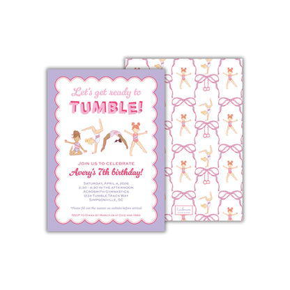The image is a birthday invitation for a girl named Avery's 7th birthday, featuring illustrations of acrobats and gymnasts.