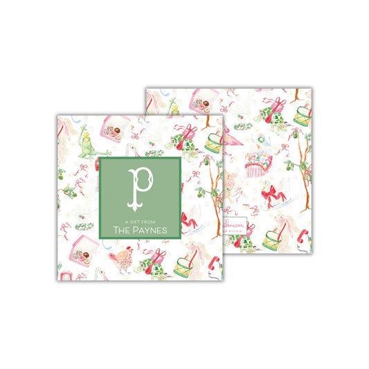 The image is a square-shaped greeting card with a repeating pattern of Christmas-themed illustrations, including a snowman, presents, and other festive elements.