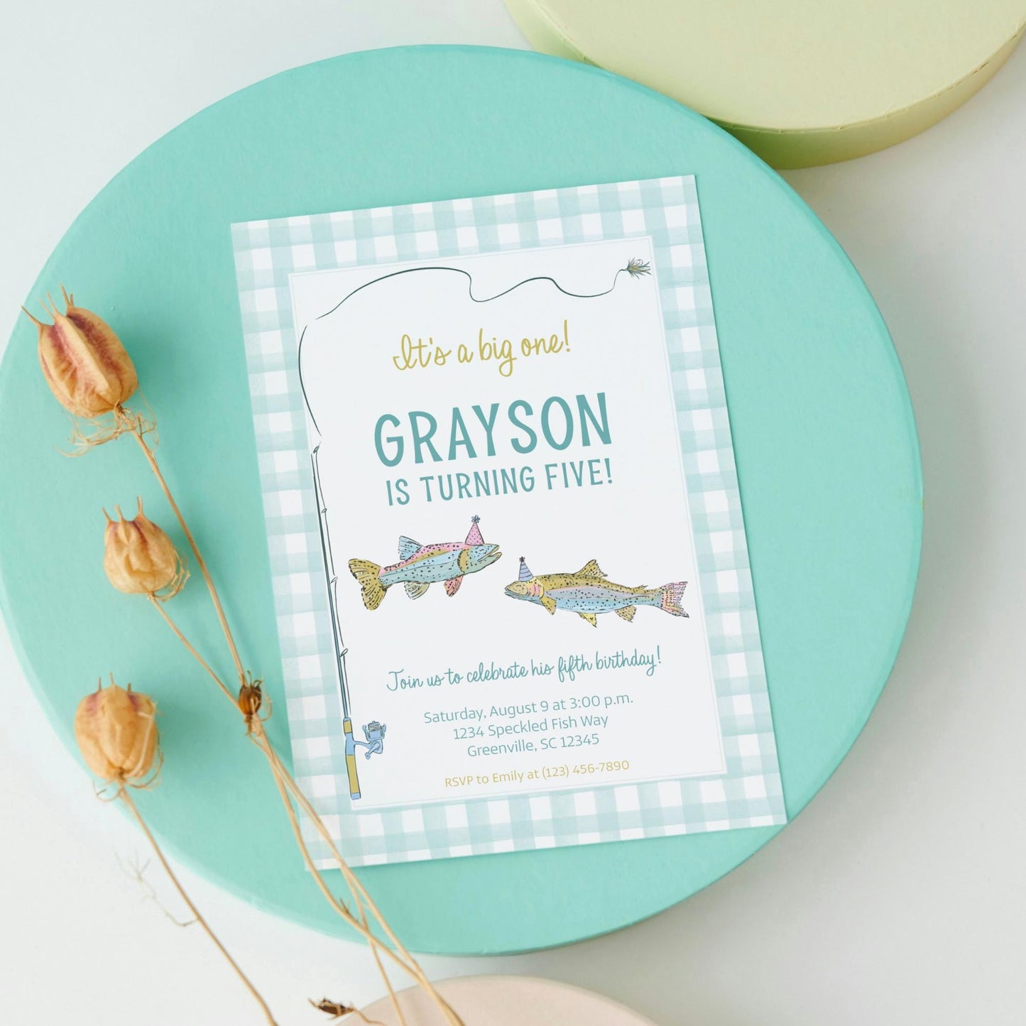 a blue plate with a card on top of it