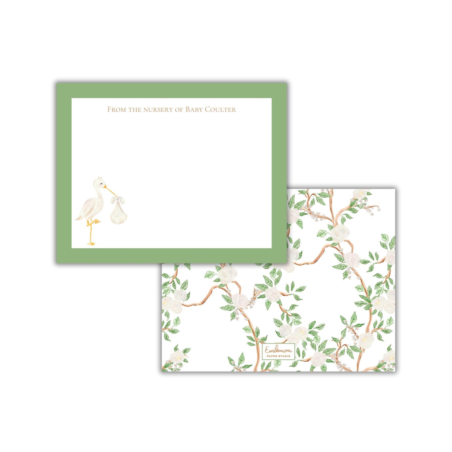 two pieces of paper with a green border and floral designs. The paper on the left has a blank space for writing a message, while the paper on the right has a floral pattern.