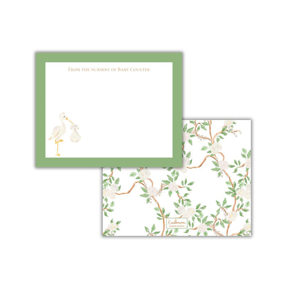 two pieces of paper with a green border and floral designs. The paper on the left has a blank space for writing a message, while the paper on the right has a floral pattern.