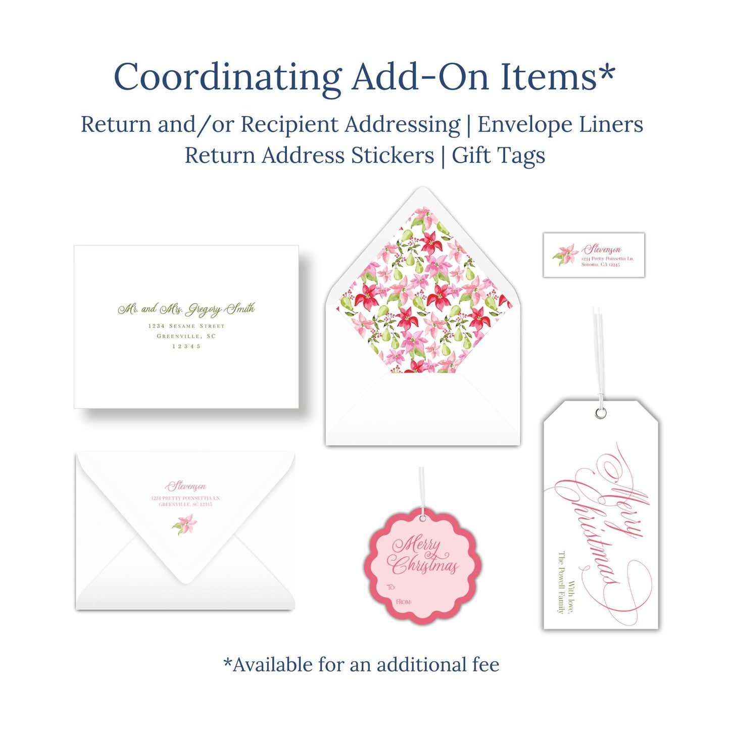 various items related to coordinating add-ons, such as return and/or recipient addressing envelopes, return address stickers, and gift tags.