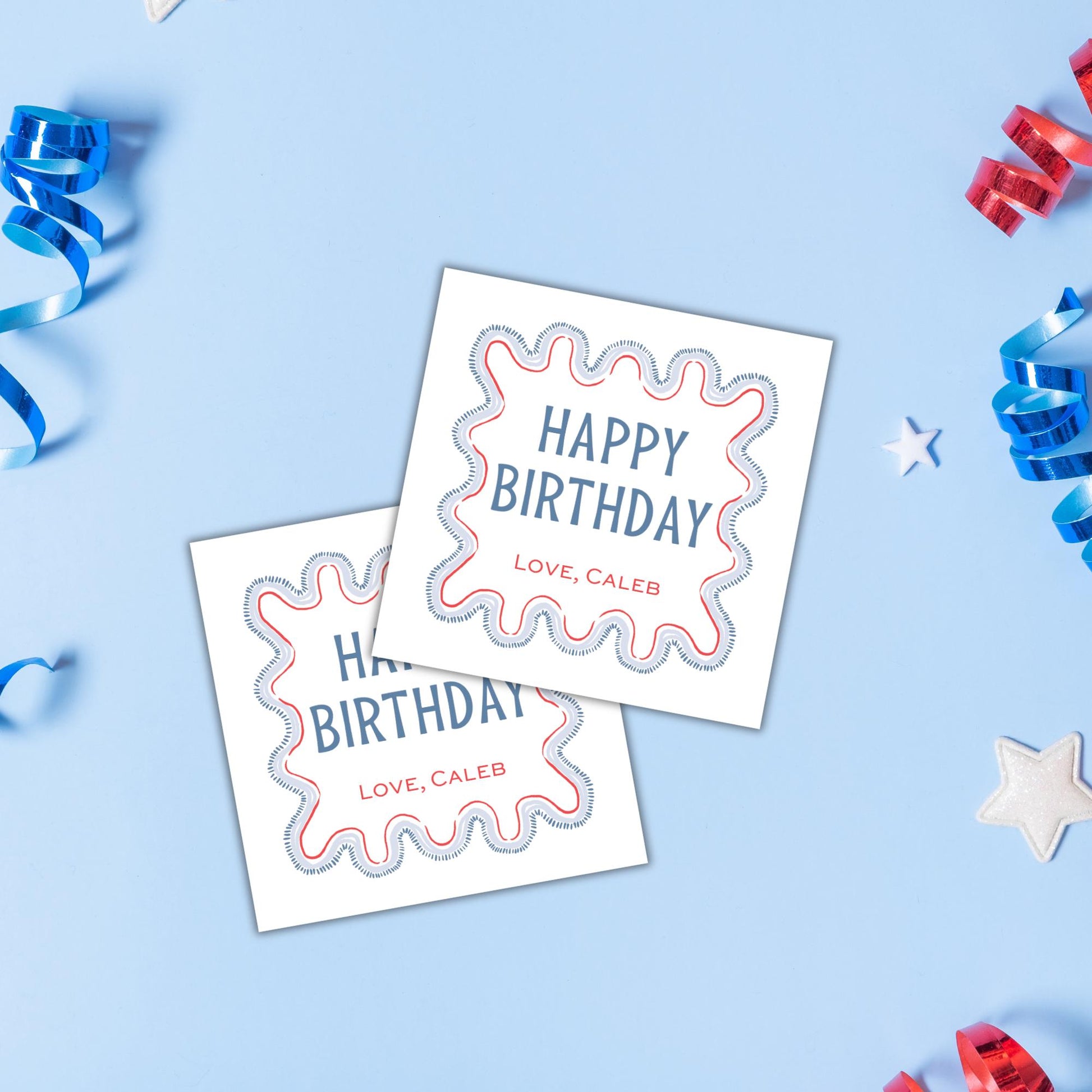 two birthday cards with the text "Happy Birthday" and "Love, Caleb" printed on them, along with some confetti and streamers in the background.