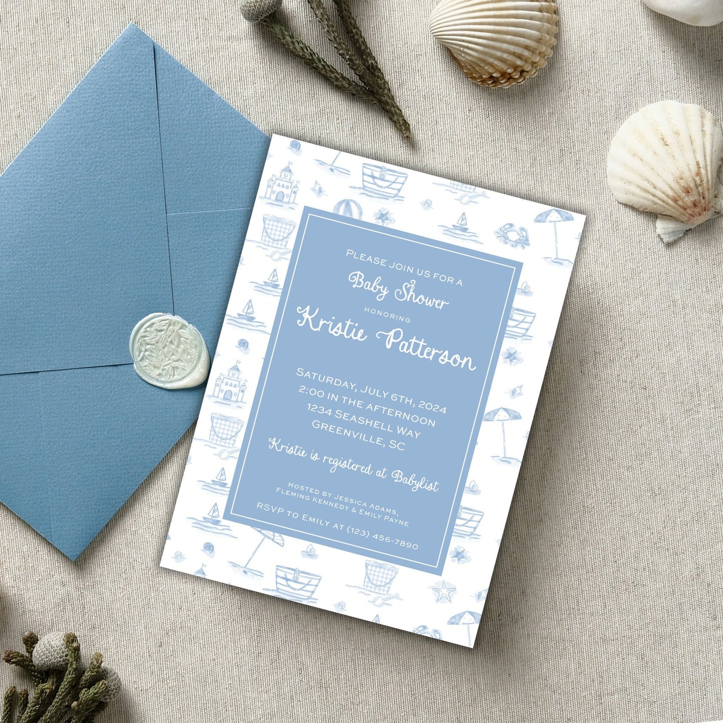 Beach Toile Baby Shower Invitation
