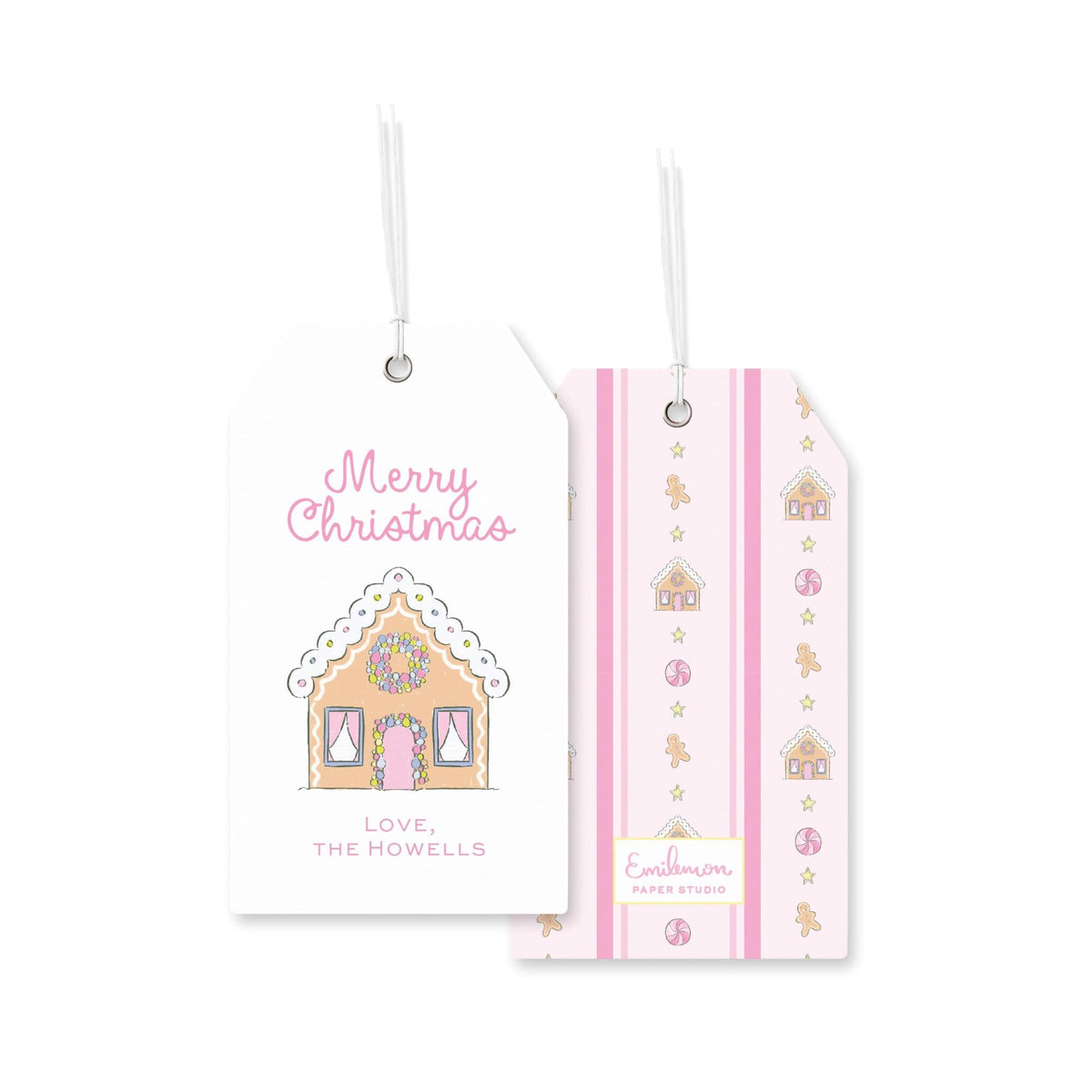 two tags with Christmas-themed illustrations and text.