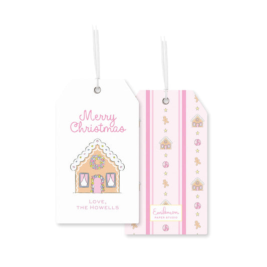 two tags with Christmas-themed illustrations and text.