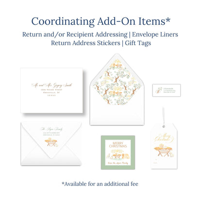 various stationery items, including envelopes, return address stickers, and gift tags, with a focus on coordinating add-on items.