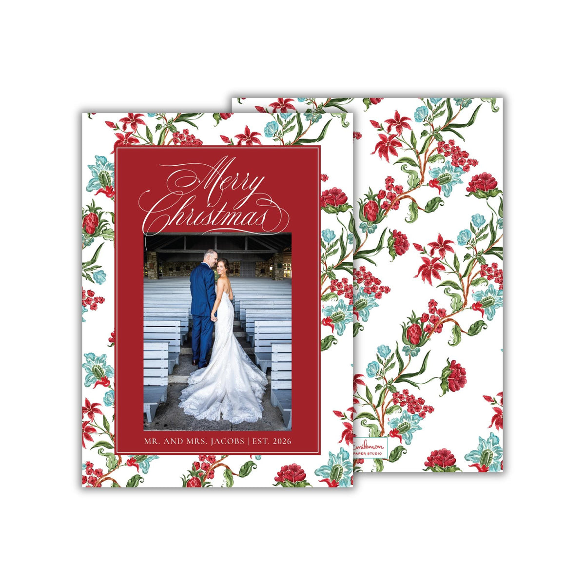 PRINTED Red and Teal Floral Christmas Photo Cards