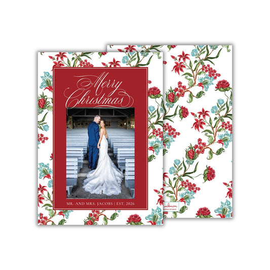 PRINTED Red and Teal Floral Christmas Photo Cards