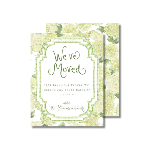 a green and white wedding card with the words we've moved on it