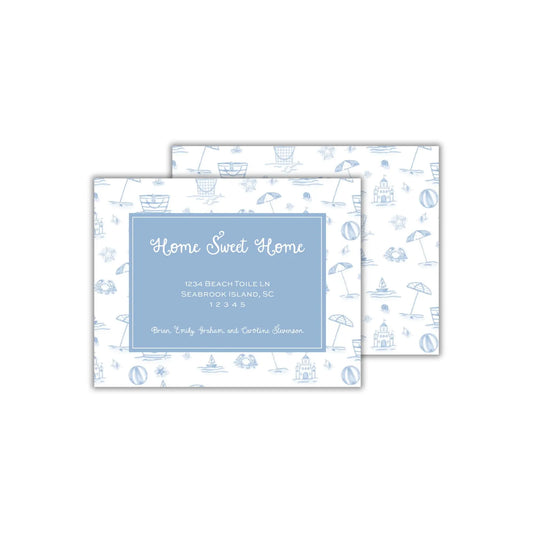 a blue and white business card for home sweet home