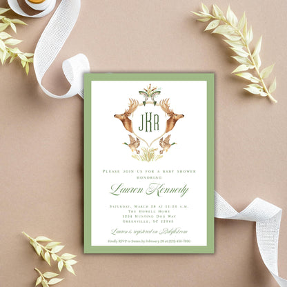 The image is a baby shower invitation featuring a deer and bird motif, with a green and white color scheme.