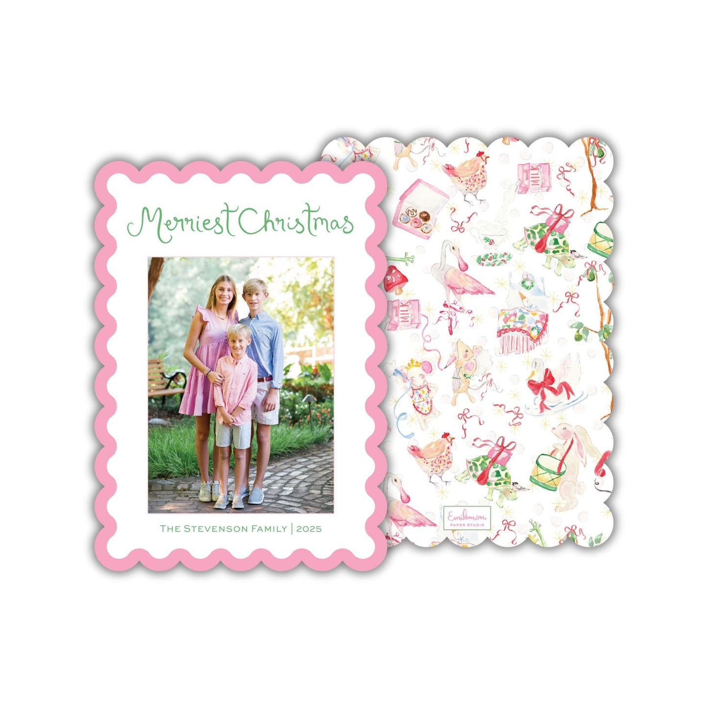 The image is a family photo with three children posing for a Christmas card. The card has a scalloped edge and a pink and white pattern, and the text &quot;Merry Christmas&quot; is displayed on the front.