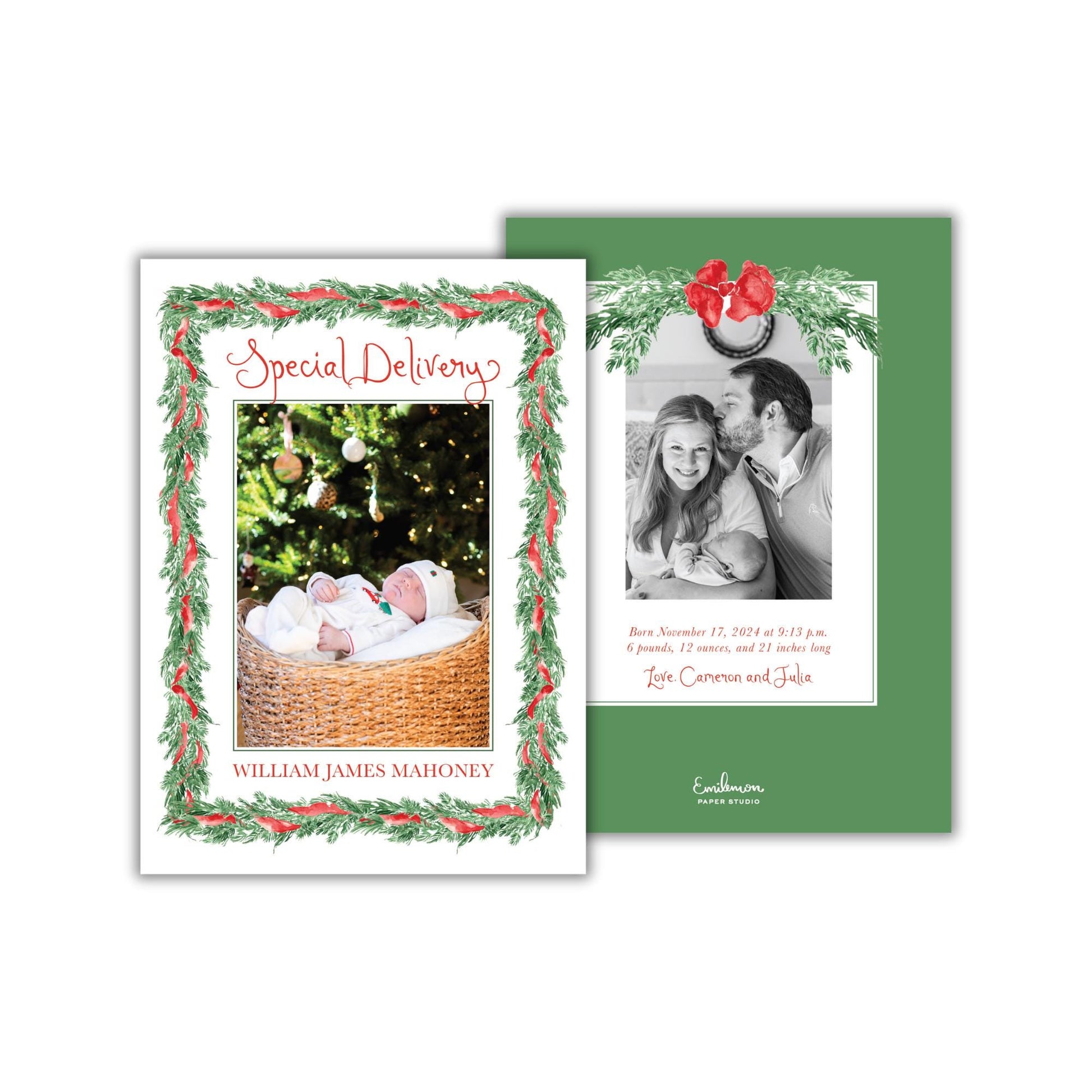 The image is a special delivery card featuring a photograph of a baby in a basket, surrounded by a festive wreath. The card also includes text that reads &quot;William James Mahoney&quot; and &quot;Special Delivery&quot;.