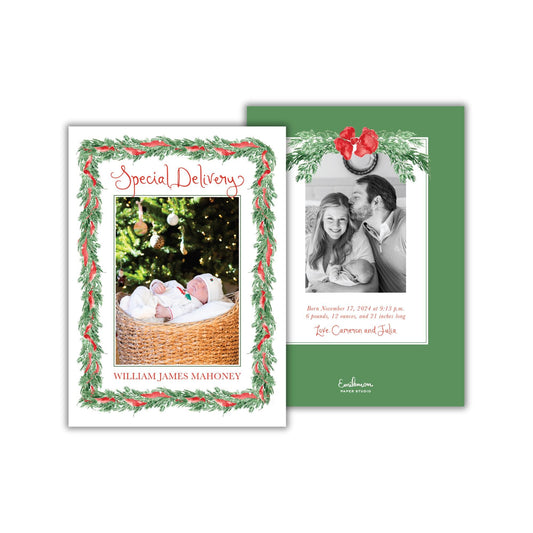The image is a special delivery card featuring a photograph of a baby in a basket, surrounded by a festive wreath. The card also includes text that reads &quot;William James Mahoney&quot; and &quot;Special Delivery&quot;.