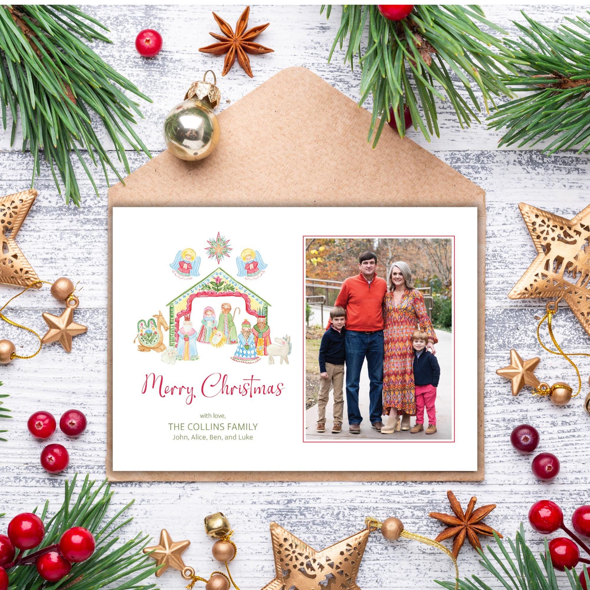 A Christmas card with a family photo and a nativity scene, surrounded by holiday decorations such as pine branches, star ornaments, and red berries.